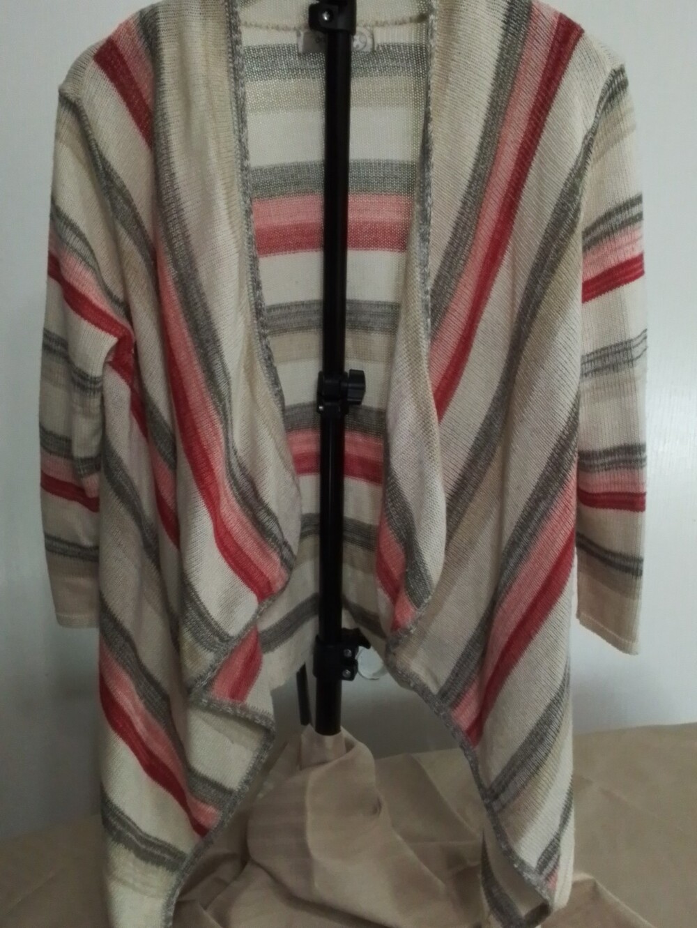 Dress Barn Open-Front Striped Cozy Cardigan Sweater - Cream with Coral and Gray